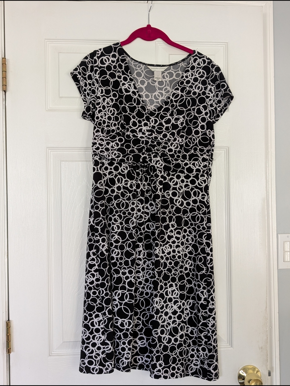 Christopher & Banks Black & White Circle-Print V-Neck Dress, Sz Small